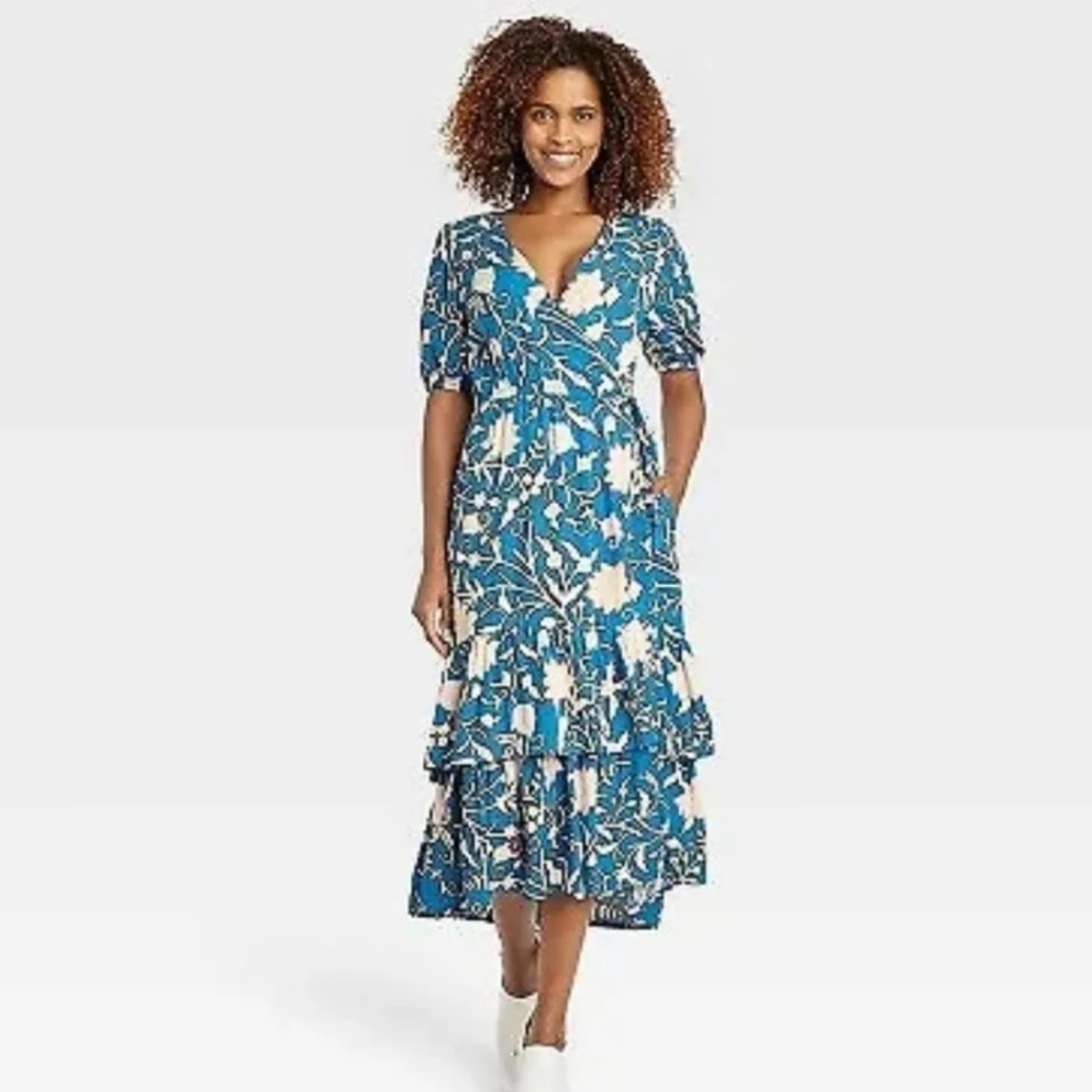 Women's Short Sleeve Wrap Dress - Knox Rose Blue Floral L